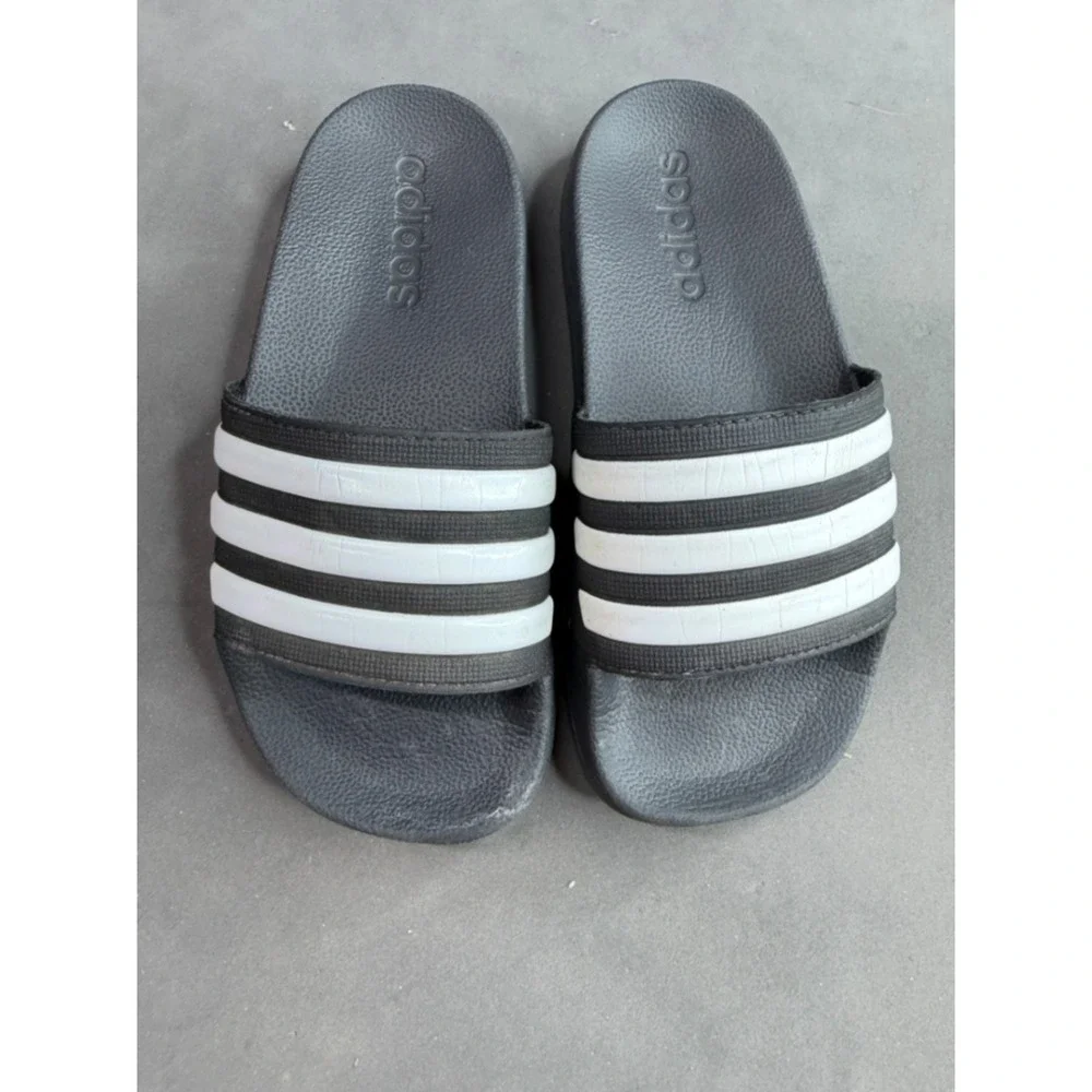 Adidas Adilette Kids Slides Black White 3 Stripe Athletic Sandals Size 12